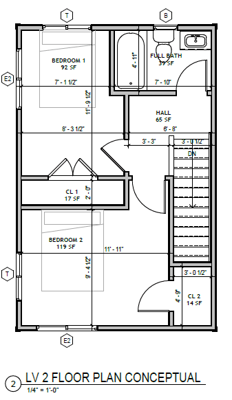 Budget Cottage 2 Bed, second floor plan: two bedrooms, full bath, hall, two closets