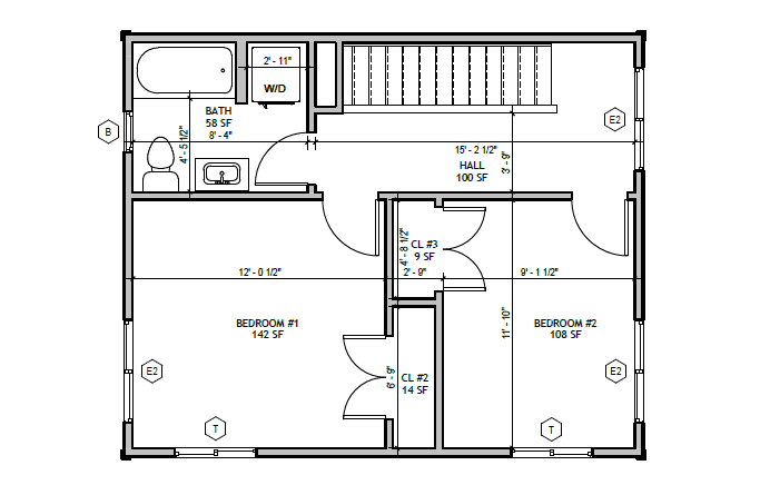 Standard Cottage 2 Bed, second floor plan: two bedrooms, full bath, hall, washer/dryer