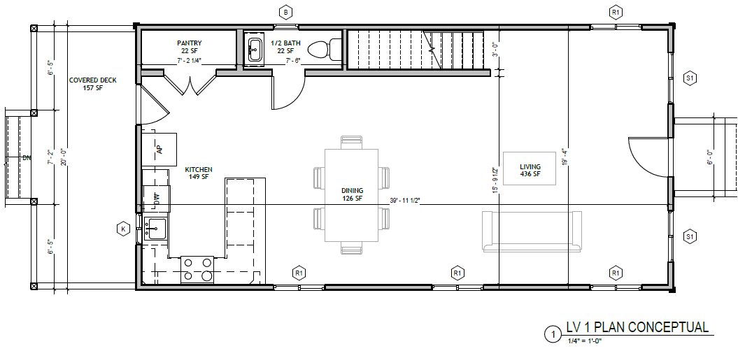 Standard Cottage XL 3 Bed, first floor plan: kitchen, dining, living, pantry, half bath, covered deck