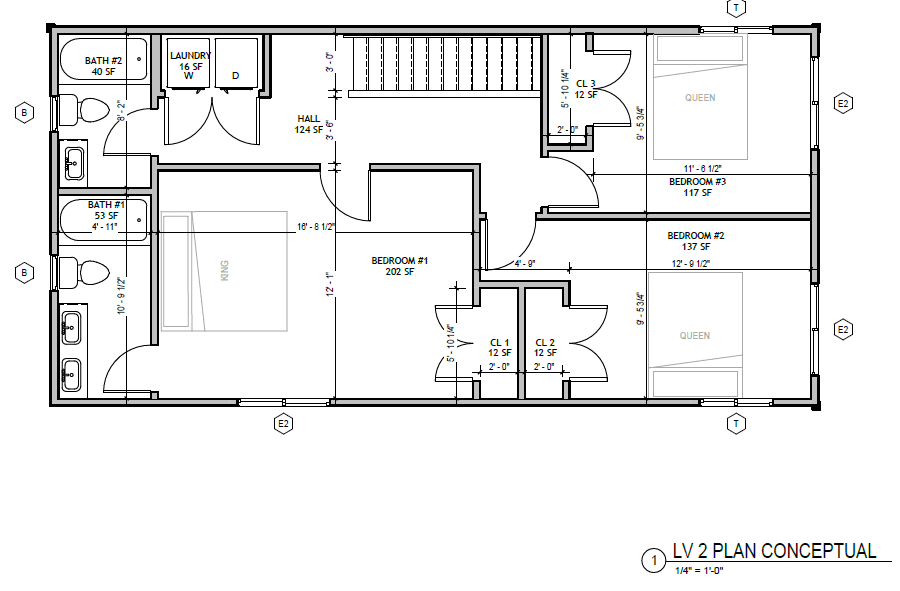 Standard Cottage XL 3 Bed, second floor plan: primary bedroom with ensuite bath, two more bedrooms, second full bath, laundry closet