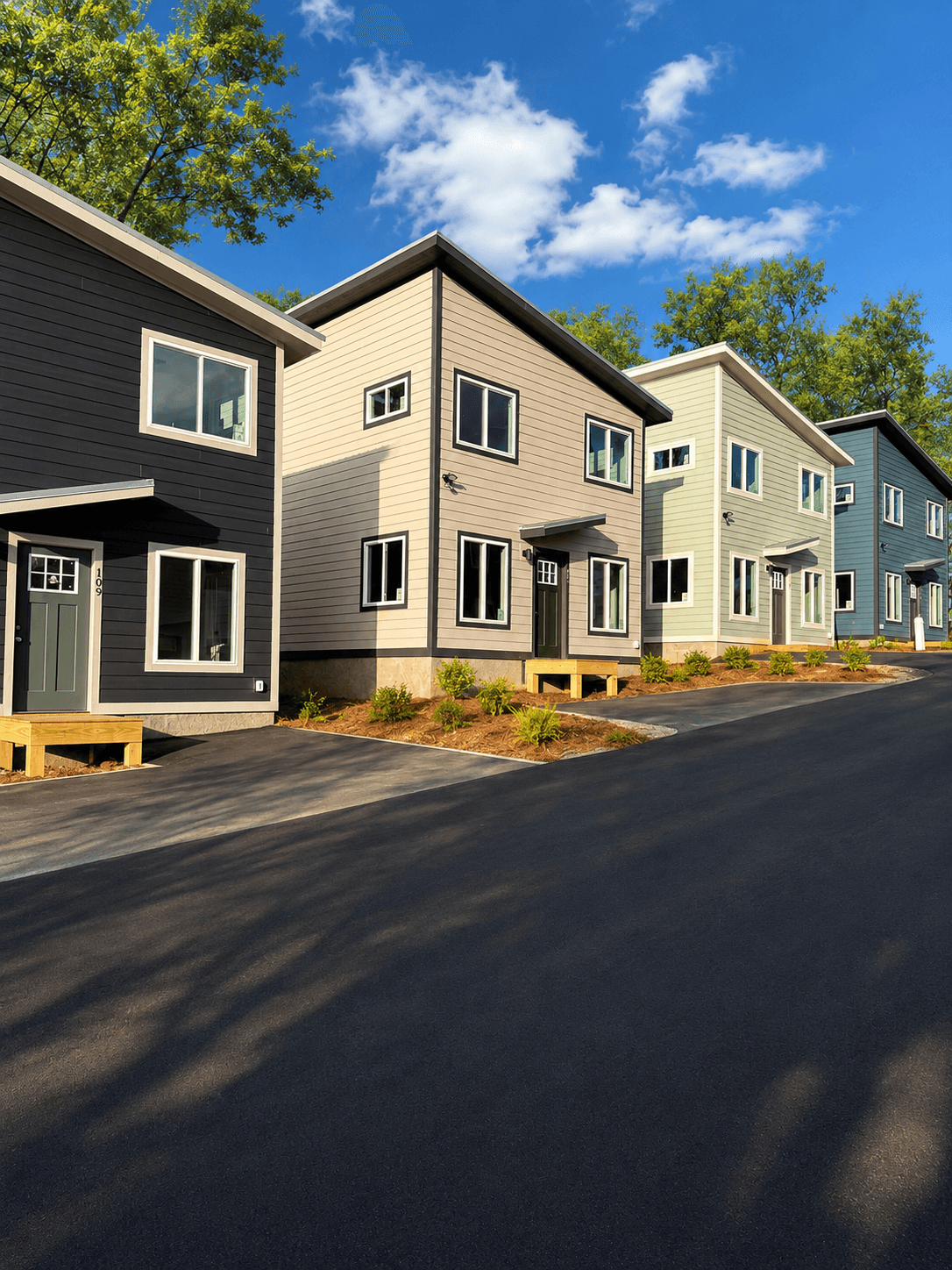 A row of completed Compact Cottages cottage court homes along a residential street