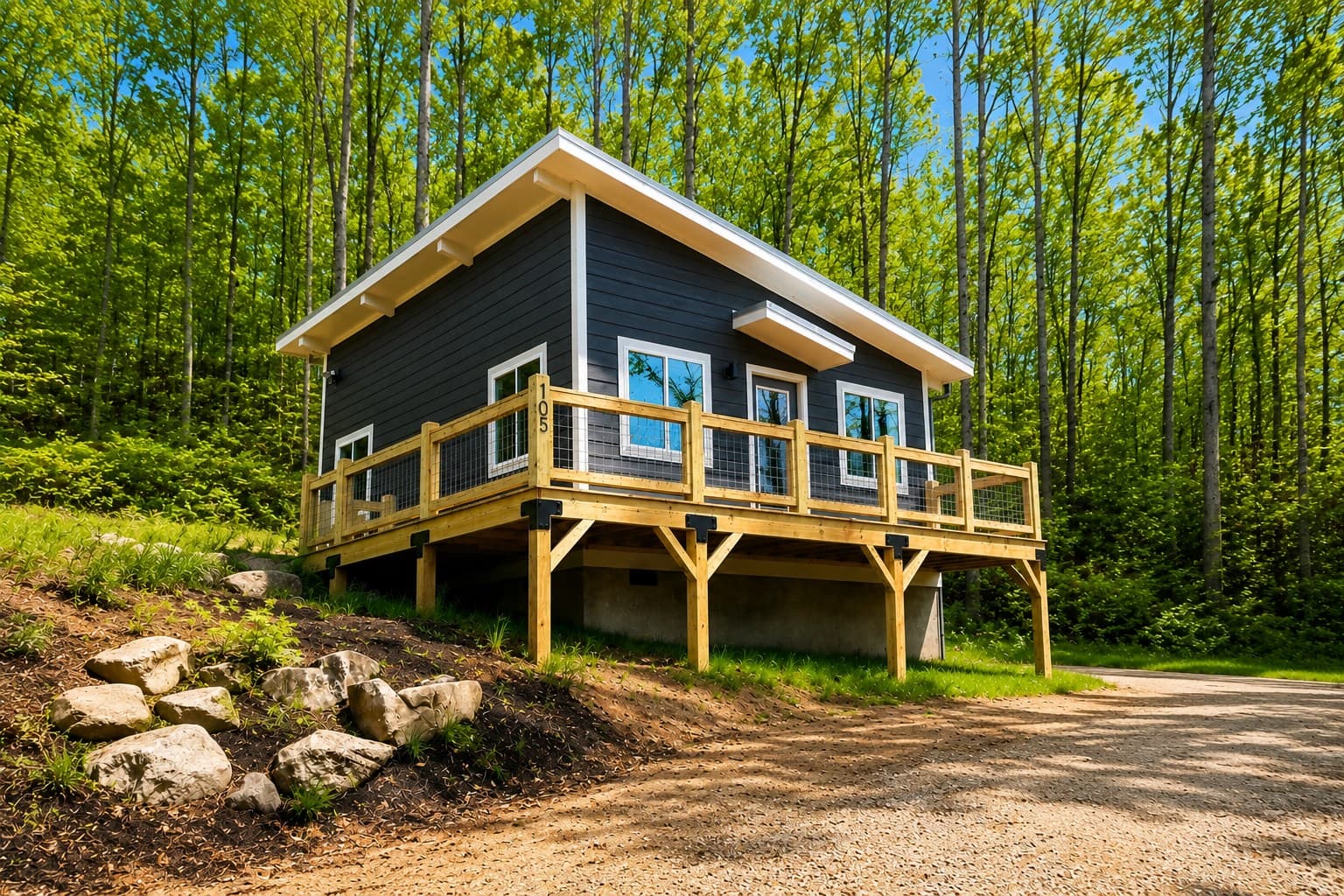 Escape Pod, exterior by Compact Cottages, elevated deck in the woods